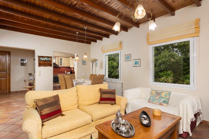 Living room on first floor with sofas, dining area, ornamental fireplace, WiFi internet, satellite TV, and sea views . - Villa Eleni . (Galerie de photos) }}