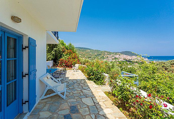 Terrace with panoramic views of sea and Skopelos Town . - Villa Ourania . (Photo Gallery) }}