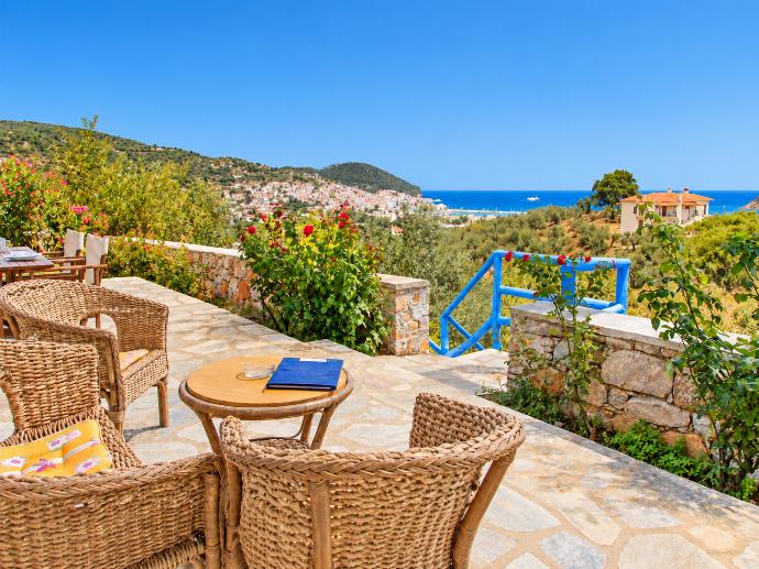 Dining area with panoramic views . - Villa Ourania . (Photo Gallery) }}