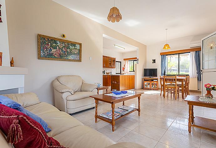 Open-plan living room with sofas, dining area, kitchen, ornamental fireplace, A/C, WiFi internet, satellite TV, DVD player, and terrace access . - Villa Eleni . (Galleria fotografica) }}