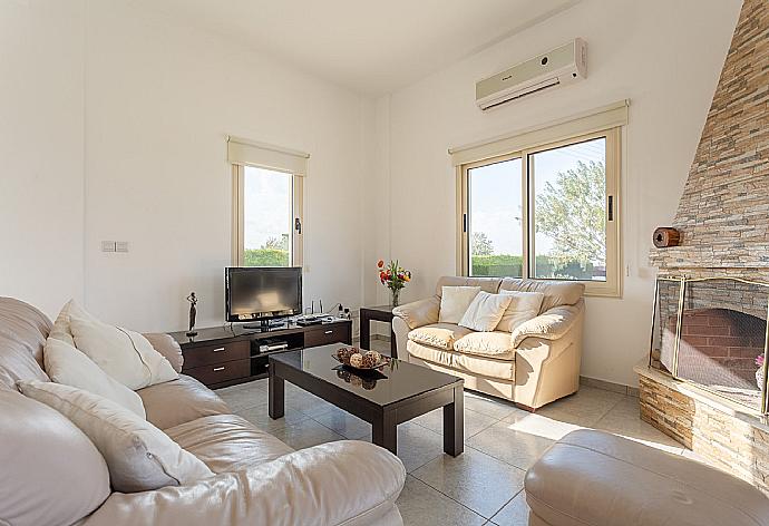 Open-plan living room with sofas, dining area, kitchen, ornamental fireplace, A/C, WiFi internet, satellite TV, DVD player, and terrace access . - Villa Prodromos . (Galleria fotografica) }}