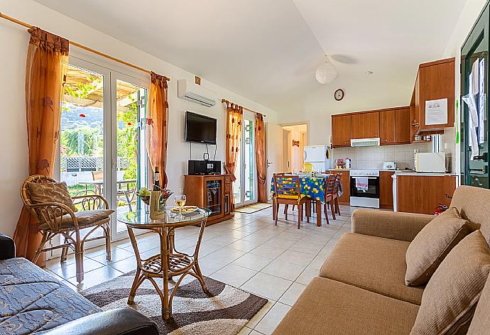 Open-plan living room with sofas, dining area, kitchen, ornamental fireplace, A/C, WiFi internet, satellite TV, and terrace access . - Villa Melissa . (Galleria fotografica) }}