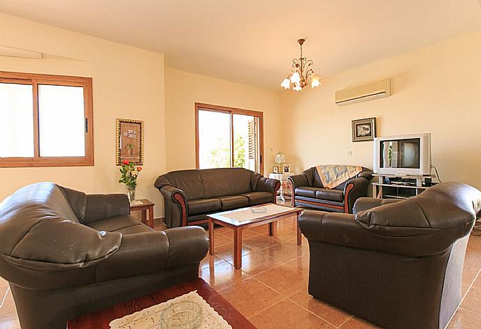 Open-plan living room with sofas, dining area, kitchen, ornamental fireplace, A/C, WiFi internet, satellite TV, DVD player, and terrace access . - Achilles Beach Villa Thio . (Fotogalerie) }}