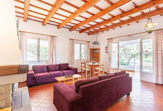 Living room with sofas, dining area, ornamental fireplace, WiFi internet, TV, and terrace access . - Villa Trepuco Dos . (Galleria fotografica) }}