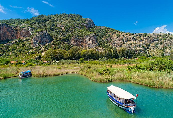 View of ancient Lycian rock tombs from the Dalyan river . - Villa Elmas Paradise . (Photo Gallery) }}