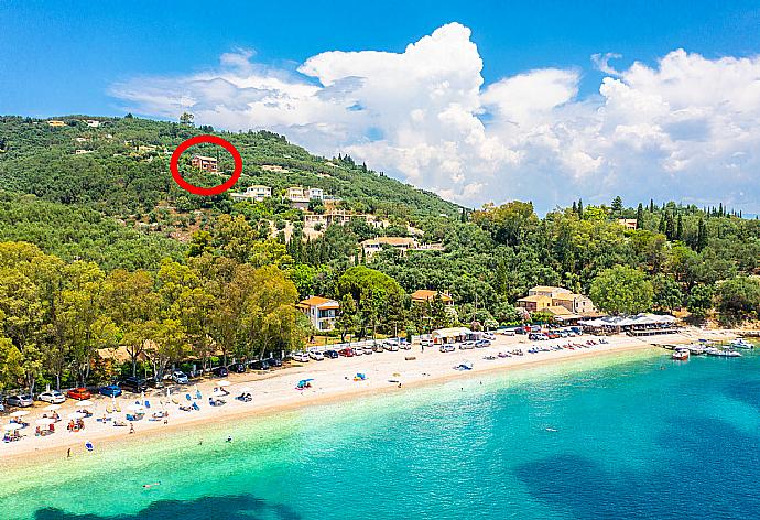 Aerial view of Kerasia beach showing location of Villa Vasso . - Villa Vasso . (Photo Gallery) }}
