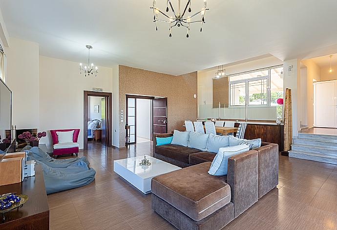 Open-plan living room with sofas, dining areas, kitchen, ornamental fireplace, WiFi internet, satellite TV, DVD player, and terrace access . - Villa Thetis . (Photo Gallery) }}