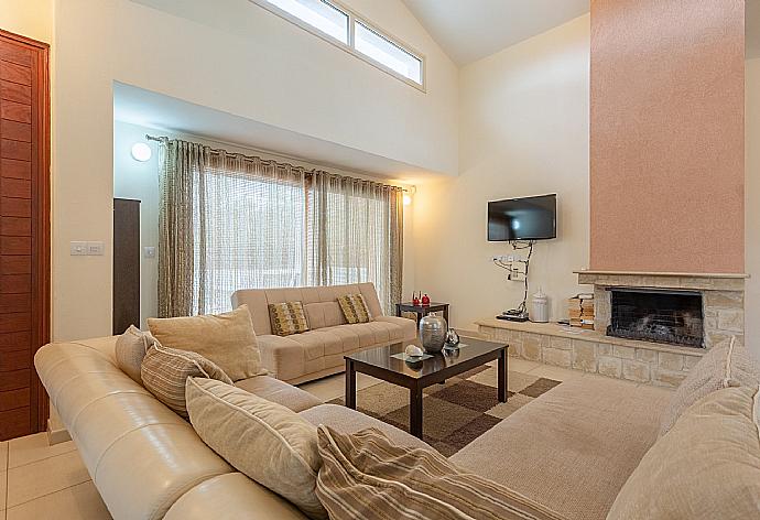 Open-plan living room with sofas, dining area, kitchen, ornamental fireplace, A/C, WiFi internet, satellite TV, DVD player, and terrace access . - Villa Thalassa . (Fotogalerie) }}