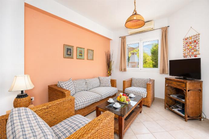 Open-plan living room with sofa, dining area, kitchen, ornamental fireplace, A/C, WiFi internet, and satellite TV . - Villa Thalia Katerina . (Galleria fotografica) }}
