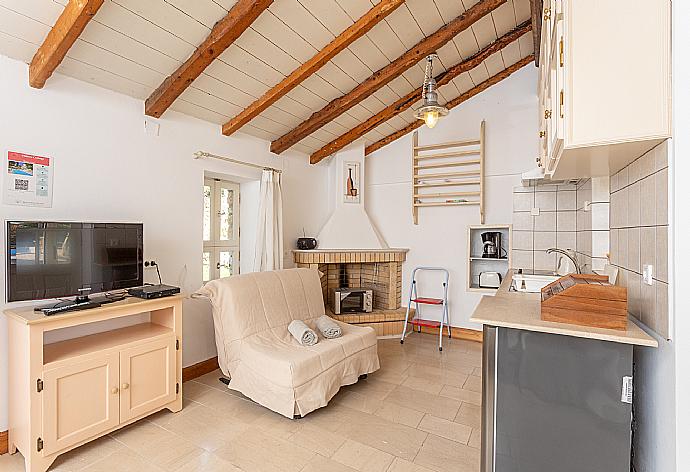 Living room with seating, kitchen, ornamental fireplace, A/C, WiFi internet, and satellite TV . - Miller's Cottage . (Photo Gallery) }}