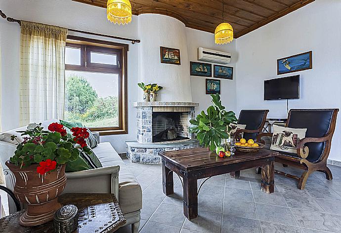 Open-plan living room with sofas, dining area, kitchen, ornamental fireplace, A/C, WiFi internet, satellite TV, and sea views . - Villa Raches . (Galerie de photos) }}