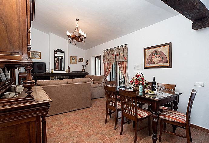 Living room with sofas, dining area, ornamental fireplace, A/C, WiFi internet, satellite TV, DVD player, and terrace access . - Villa Maravillas . (Photo Gallery) }}
