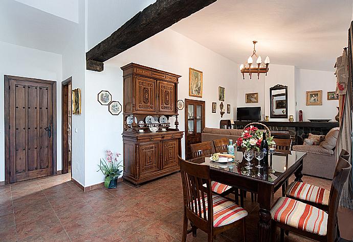 Living room with sofas, dining area, ornamental fireplace, A/C, WiFi internet, satellite TV, DVD player, and terrace access . - Villa Maravillas . (Photo Gallery) }}