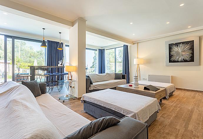 Living room with sofas, dining area, ornamental fireplace, WiFi internet, satellite TV, and terrace access . - Villa Eleanna . (Galleria fotografica) }}