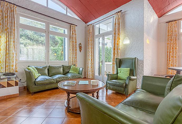 Living room with sofas, dining area, ornamental fireplace, WiFi internet, satellite TV, DVD player, and terrace access . - Villa Satalaia . (Photo Gallery) }}