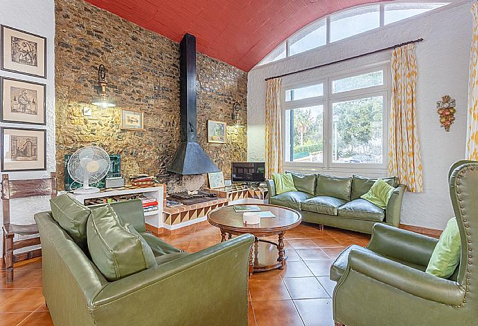 Living room with sofas, dining area, ornamental fireplace, WiFi internet, satellite TV, DVD player, and terrace access . - Villa Satalaia . (Photo Gallery) }}