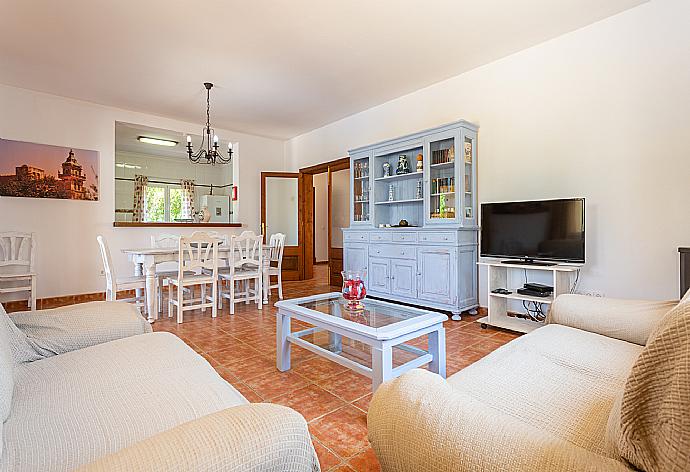 Living room with sofas, dining area, ornamental fireplace, WiFi internet, satellite TV, DVD player, and terrace access . - Villa Paula . (Fotogalerie) }}