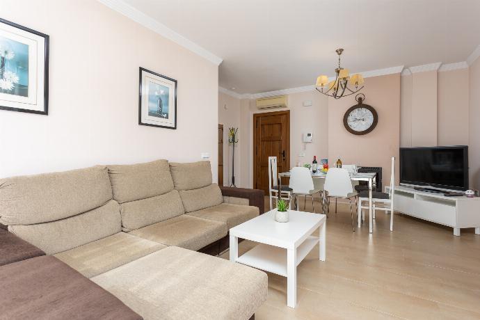 Living room with sofa, dining area, ornamental fireplace, A/C, WiFi internet, and satellite TV . - Miguel Franco . (Galerie de photos) }}