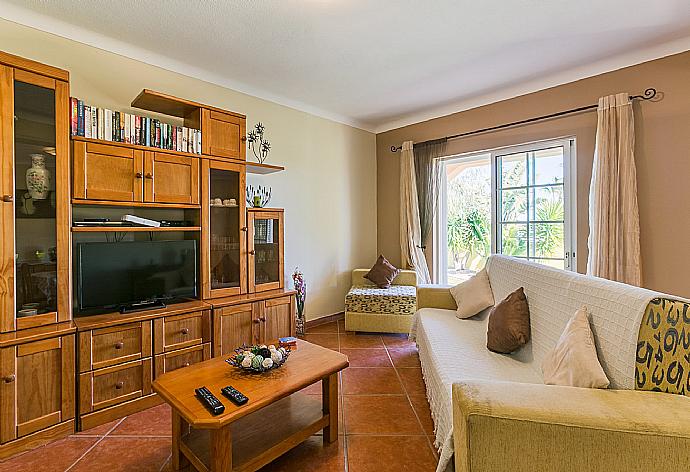 Living room with sofas, dining area, ornamental fireplace, WiFi internet, satellite TV, and DVD player . - Casa Amendoeira . (Photo Gallery) }}