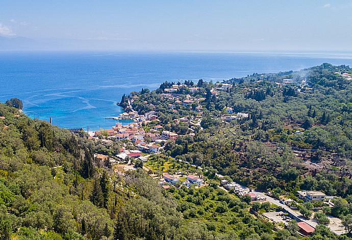 Aerial view over Villa Francesca with view towards Loggos . - Villa Francesca . (Photo Gallery) }}