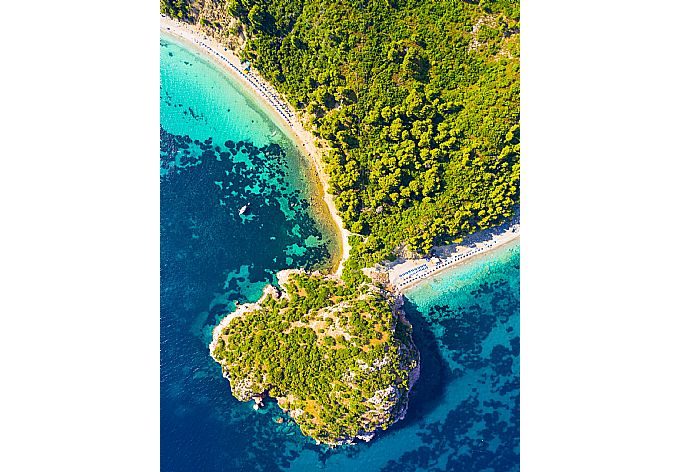 Aerial view of Stafilos Beach - only a 10 minute walk from Michaels Cottage . - Michaels Cottage . (Photo Gallery) }}