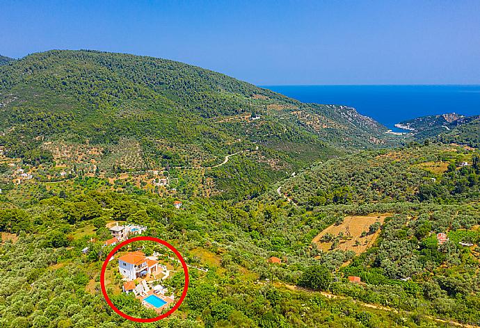 Aerial view towards Glysteri Beach showing location of Villa Glafki . - Villa Glafki . (Photo Gallery) }}