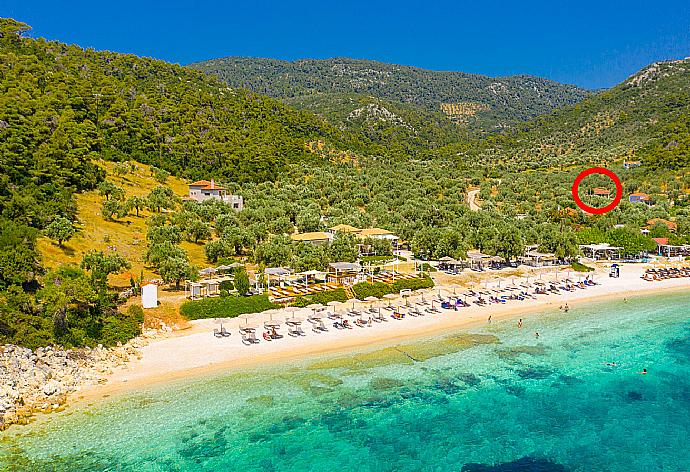 Aerial view of Leftos Gialos Beach showing location of Villa Tassoula . - Villa Tassoula . (Photo Gallery) }}