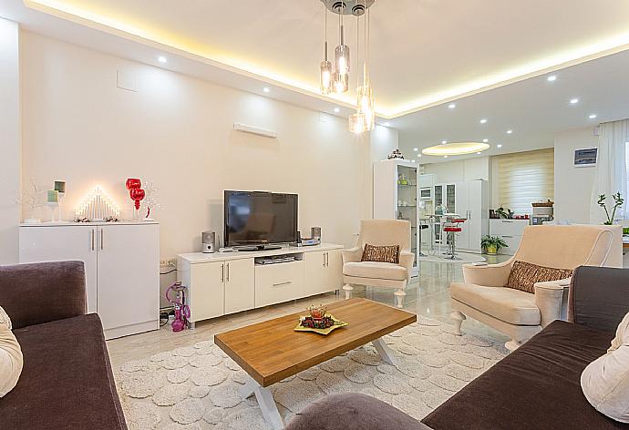 Open-plan living room with sofas, dining area, kitchen, A/C, WiFi internet, satellite TV, DVD player, and pool terrace access . - Villa Mina . (Photo Gallery) }}