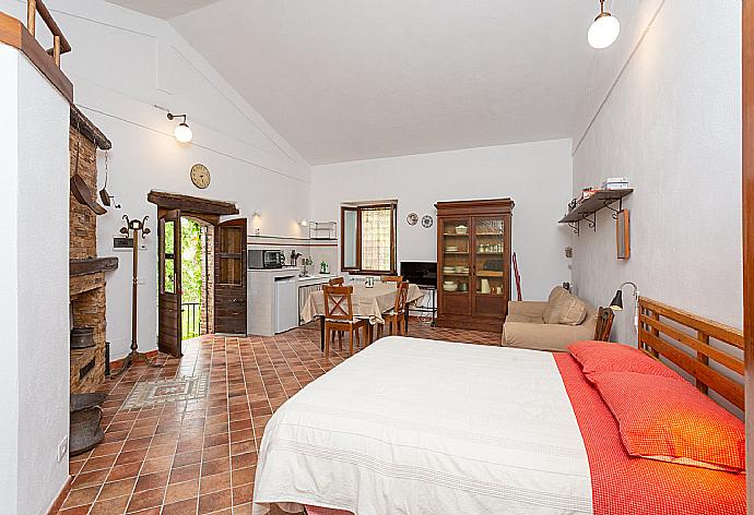 Open-plan room with double bed, dining area, sofa bed, kitchenette, and ornamental fireplace . - Villa Casale Terra Farfa . (Photo Gallery) }}