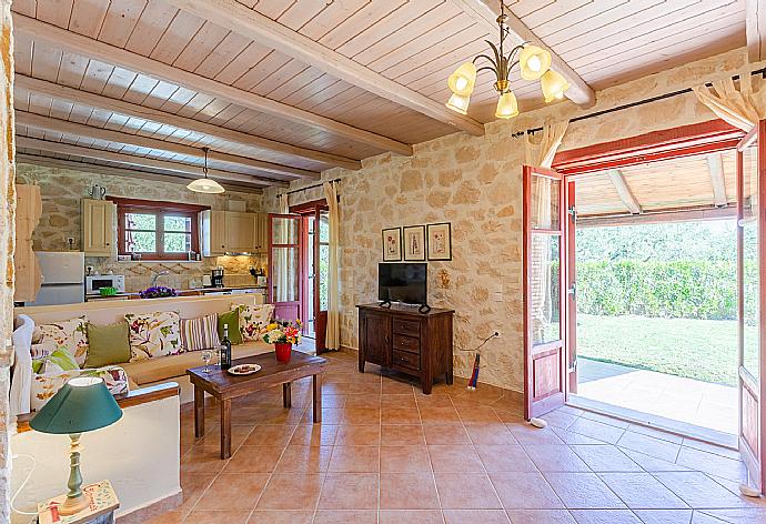 Open-plan living room with sofas, dining area, kitchen, ornamental fireplace, satellite TV, WiFi internet, and terrace access . - Villa Zozel . (Галерея фотографий) }}