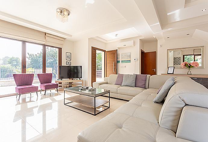 Open-plan living room with sofas, dining area, kitchen, ornamental fireplace, A/C, WiFi internet, and satellite TV . - Villa Kalizoni . (Photo Gallery) }}