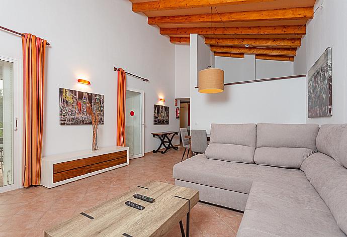 Living room with sofas, dining area, ornamental fireplace, WiFi internet, satellite TV, DVD player, and terrace access . - Villa Casa Xaloc . (Galería de imágenes) }}