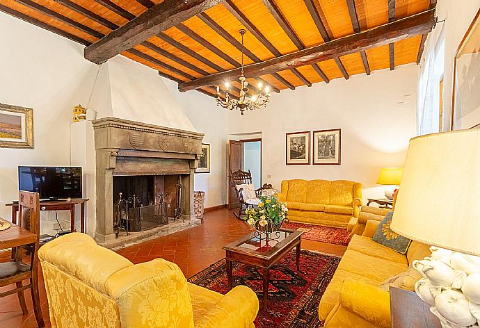 Living room with sofas, dining area, ornamental fireplace, WiFi internet, satellite TV, DVD player, and terrace access . - Villa Casa al Sole . (Galleria fotografica) }}