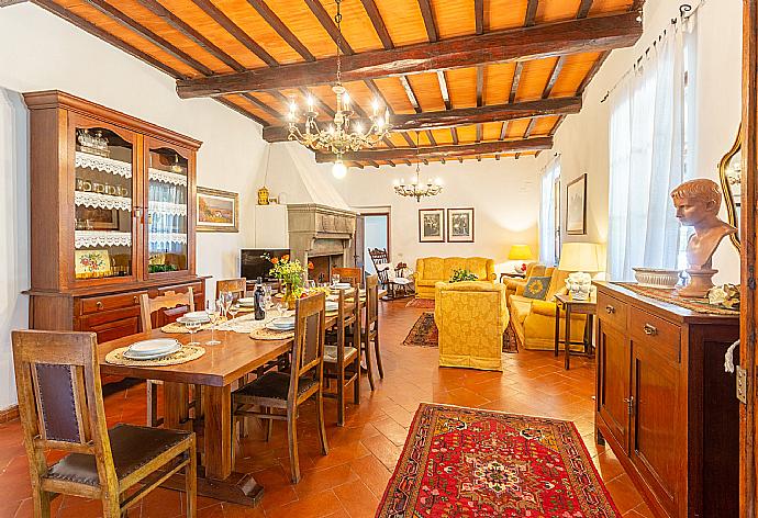 Living room with sofas, dining area, ornamental fireplace, WiFi internet, satellite TV, DVD player, and terrace access . - Villa Casa al Sole . (Galleria fotografica) }}