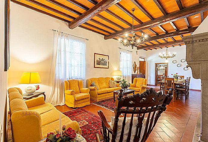 Living room with sofas, dining area, ornamental fireplace, WiFi internet, satellite TV, DVD player, and terrace access . - Villa Casa al Sole . (Galleria fotografica) }}