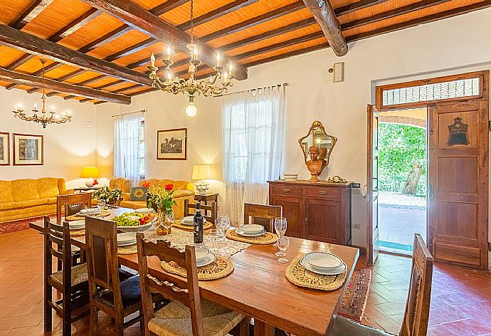 Living room with sofas, dining area, ornamental fireplace, WiFi internet, satellite TV, DVD player, and terrace access . - Villa Casa al Sole . (Galleria fotografica) }}