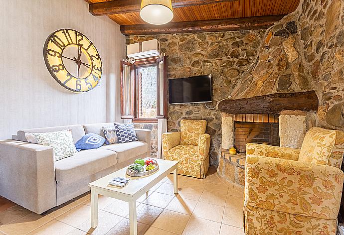 Open-plan living room with sofa, dining area, kitchen, ornamental fireplace, A/C, WiFi internet, satellite TV, and terrace access . - Casa Avocado . (Fotogalerie) }}