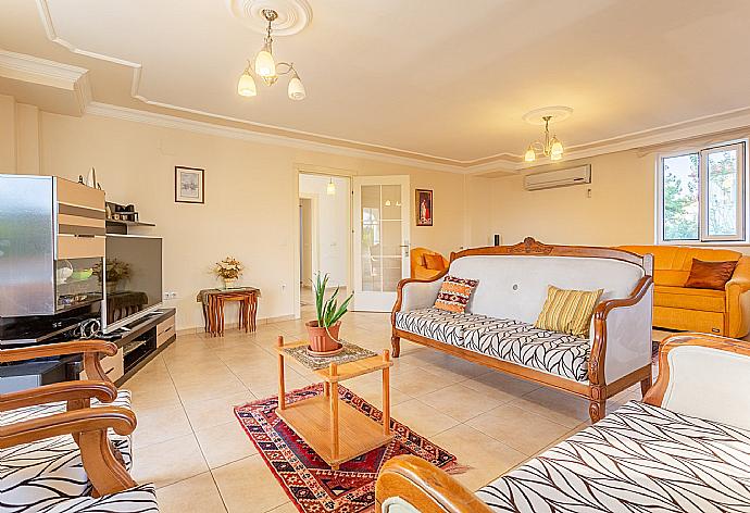 Living room with sofas, ornamental fireplace, A/C, WiFi internet, satellite TV, DVD player, and terrace access  . - Villa Kubra . (Fotogalerie) }}