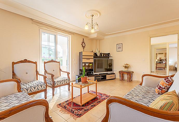 Living room with sofas, ornamental fireplace, A/C, WiFi internet, satellite TV, DVD player, and terrace access  . - Villa Kubra . (Fotogalerie) }}