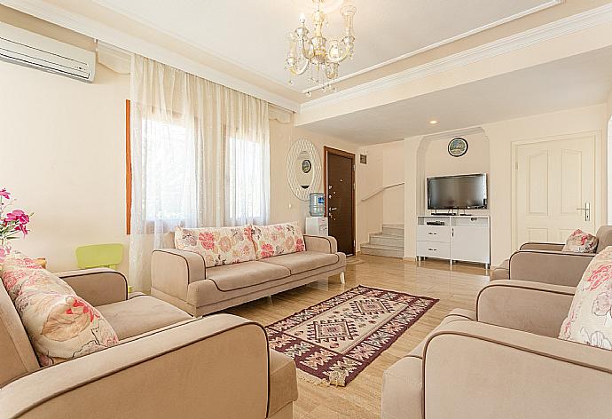 Open-plan living room with sofas, dining area, kitchen, ornamental fireplace, A/C, WiFi internet, satellite TV, and DVD player . - Villa Atlantis . (Галерея фотографий) }}