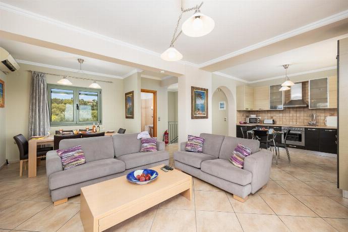 Open-plan living room with sofas, dining areas, kitchen, ornamental fireplace, A/C, WiFi internet, satellite TV, and sea views . - Rose Villa . (Photo Gallery) }}