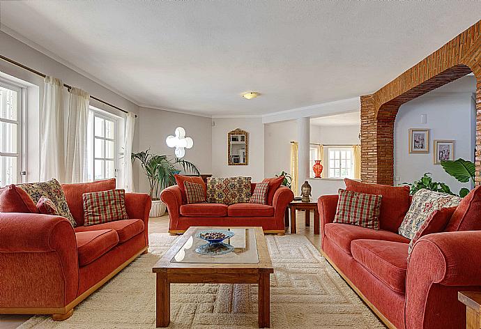 Living room with sofas, ornamental fireplace, WiFi internet, satellite TV, DVD player, and terrace access . - Villa Alto da Boa . (Galleria fotografica) }}