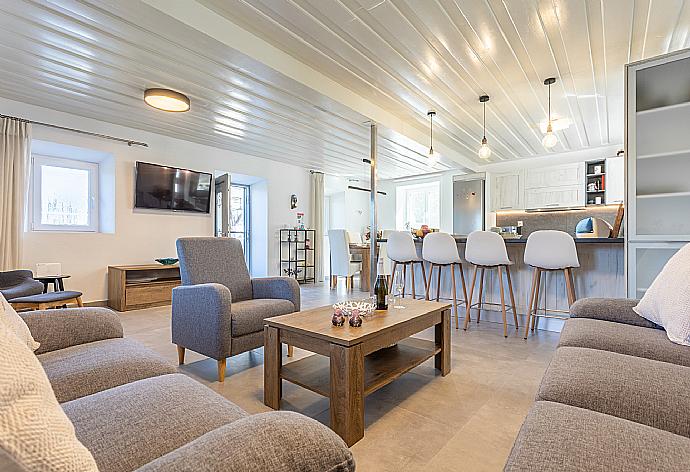 Open-plan living room with sofas, dining area, kitchen, WiFi internet, and satellite TV . - Villa Constadina . (Galleria fotografica) }}