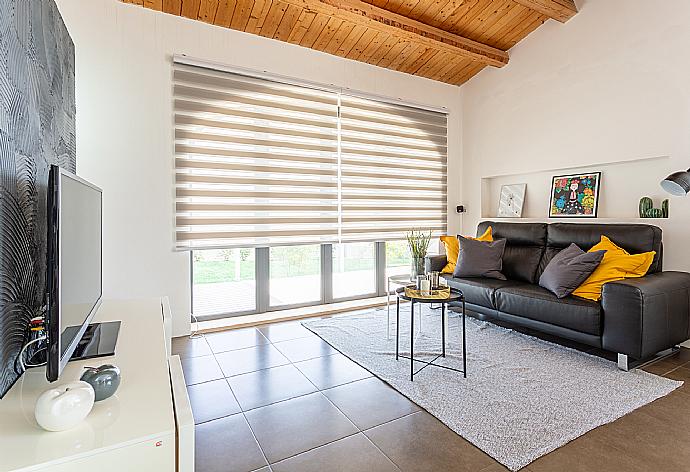 Living room with sofa, dining area, ornamental fireplace, A/C, WiFi internet, satellite TV, and terrace access . - Villa Akos . (Galleria fotografica) }}