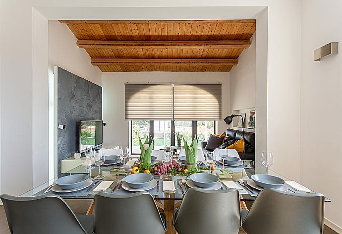 Living room with sofa, dining area, ornamental fireplace, A/C, WiFi internet, satellite TV, and terrace access . - Villa Akos . (Galleria fotografica) }}