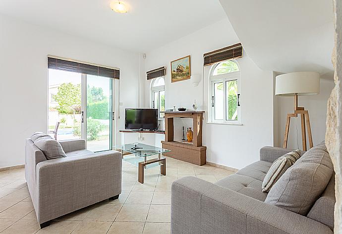 Open-plan living room with sofas, dining area, kitchen, ornamental fireplace, WiFi internet, satellite TV, and pool terrace access . - Villa Chrysanthemum . (Galleria fotografica) }}