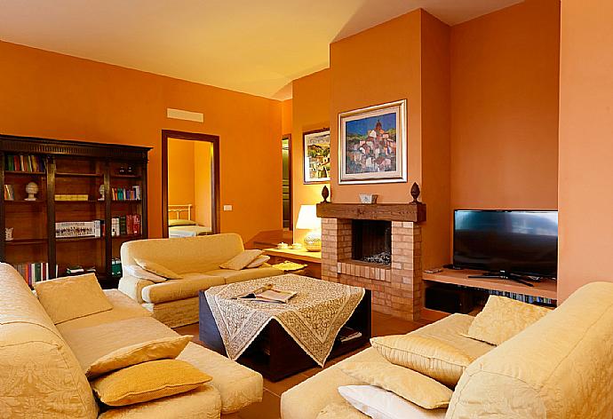 Living room with sofas, ornamental fireplace, A/C, WiFi internet, and satellite TV . - Villa Panorama . (Fotogalerie) }}