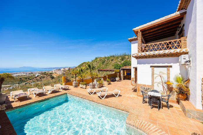 Private pool and terrace with sea views . - Villa Benizan . (Photo Gallery) }}