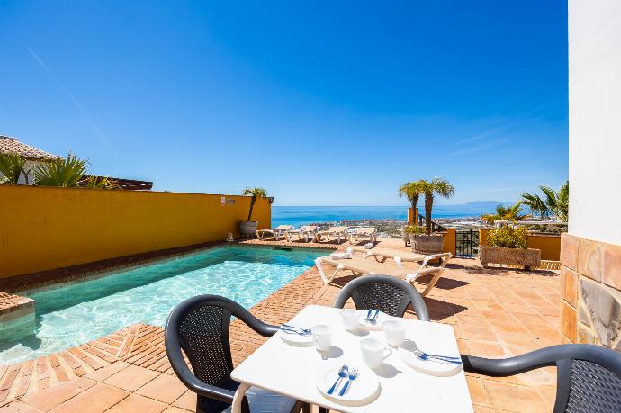 Private pool and terrace with sea views . - Villa Benizan . (Photo Gallery) }}