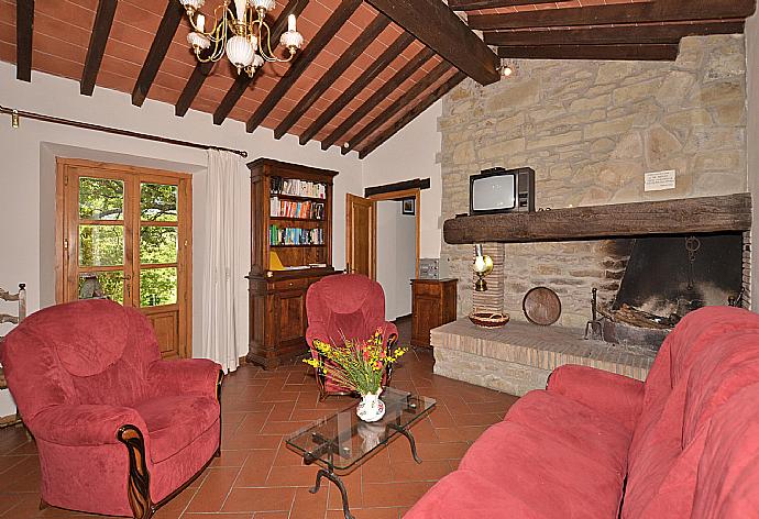 Living room with sofas, dining area, ornamental fireplace, and satellite TV . - Villa Piombona . (Галерея фотографий) }}